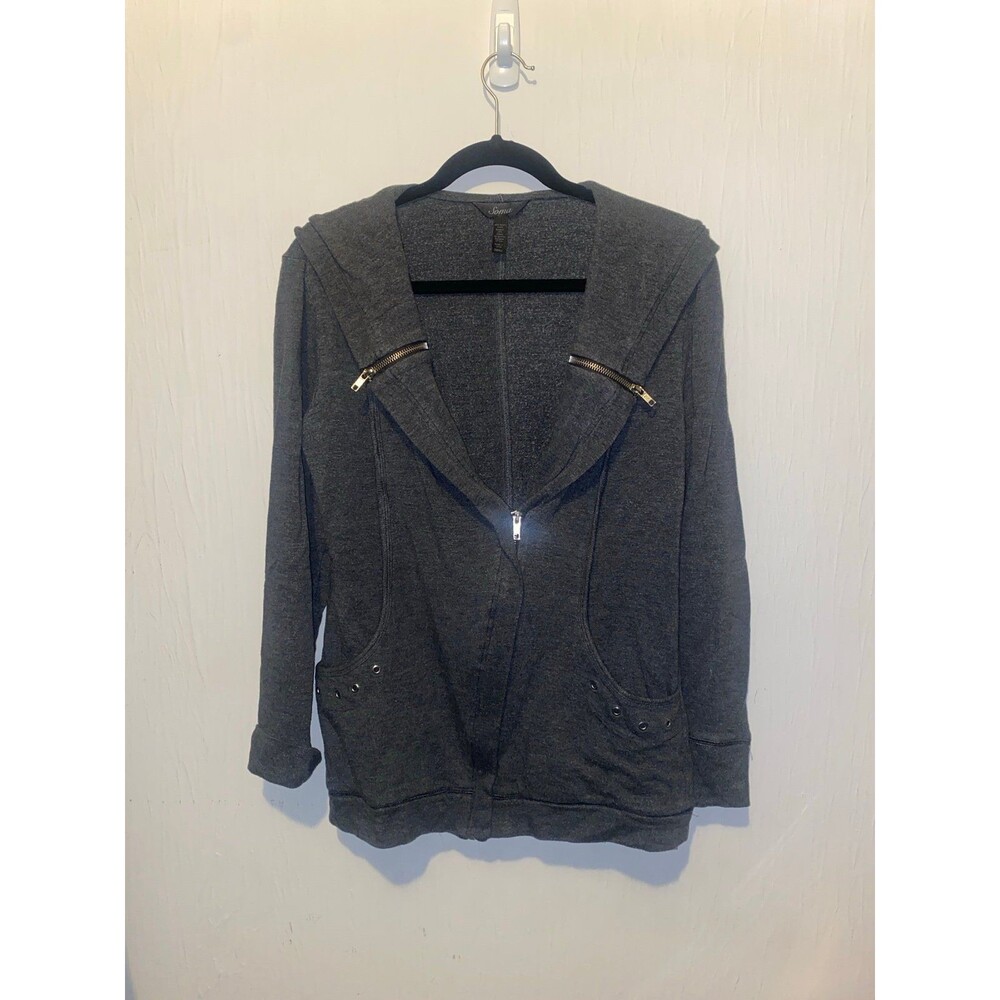 Soma Women”s charcoal heathered fleece zip-up hoodie moto-jacket Size Small
